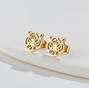 Elegant gold-plated tiger head stud earrings with a hollow carved minimalist design