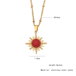 Technical drawing of a gold sun pendant necklace with size and weight specifications