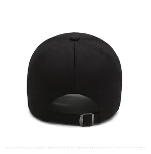 Detail view of the black cotton baseball cap back with adjustable metal buckle strap