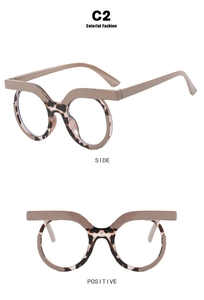 Detail view of khaki leopard print round glasses frames from side and front angles