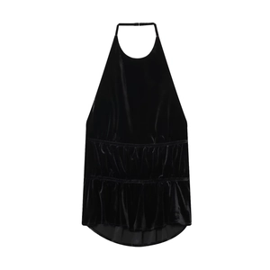 Top Halter Donna Nero Velluto Orlo Peplo Con Volant Sexy Schiena Scoperta Tinta Unita Streetwear Senza Maniche Vestibilità Aderente