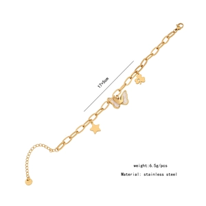 Detail view of a 17+5cm gold butterfly charm bracelet in stainless steel weighing 6.5g