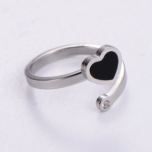 Minimalist silver stainless steel open ring with black heart enamel and small diamond accent