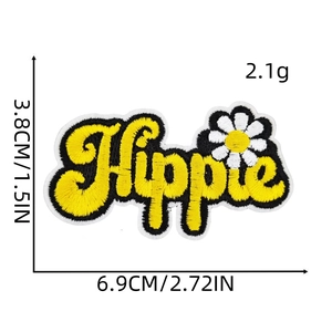 Detail view of yellow Hippie patch with daisy flower including dimensions and weight