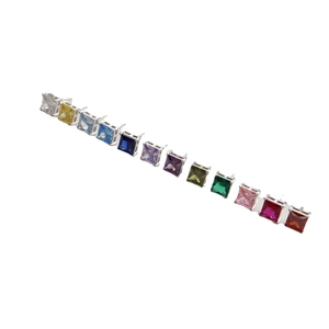 925 Sterling Silver princess cut stud earrings in 12 vibrant birthstone colors set