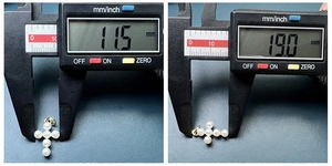 Detail showing cross pearl pendant dimensions 11.5mm by 19.0mm using digital calipers