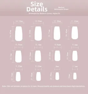 Size chart showing width and length for 24 pieces of medium square press-on nails