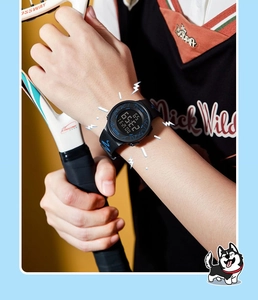 Close-up of a digital sports watch for teens with lightning strap and glowing display