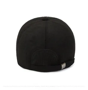 Rear view of winter baseball cap showing thick wool material and adjustable metal buckle