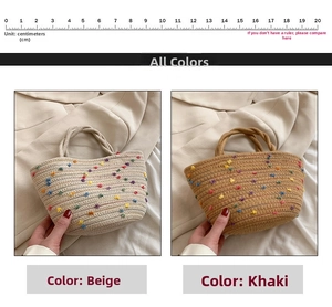 Detailed view of handmade woven straw tote bags with colorful pom-poms in beige and khaki