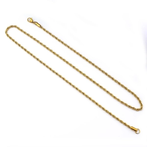 Detailed close-up of a golden twisted rope chain necklace with a lobster clasp closure