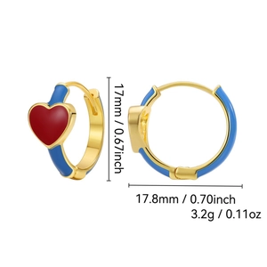 Fashion heart enamel hoop earrings in gold and blue with size and weight specs