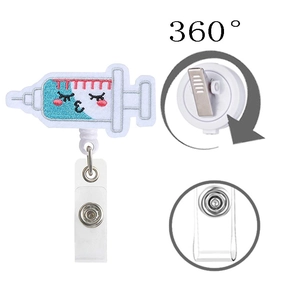 Felt cartoon syringe retractable badge reel with 360 rotating clip for nurses