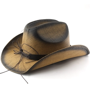 Vintage western cowboy straw hat with gradient dark brown finish for sun protection