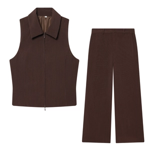Gilet Sans Manches Fermeture Éclair Marron Rayures Et Pantalon Large Femme Streetwear Polyester