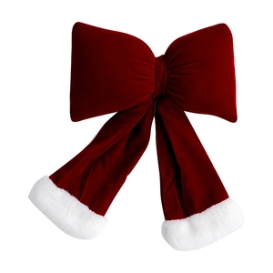 Large red velvet Christmas bow with white faux fur trim for festive tree decoration