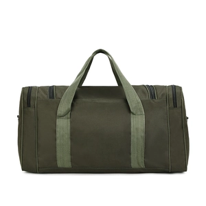 Detail of army green travel bag with durable nylon canvas straps and zipper compartments