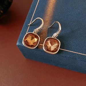 Square Amber Zircon Pendant Drop Earrings Retro Light Luxury Copper Jewelry With 925 Sterling Silver Earring Post For Women