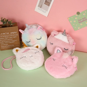 Detailed view of plush unicorn crossbody bags in various pastel colors with soft faux fur