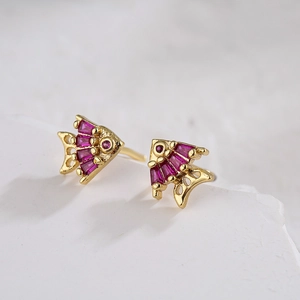Miniature 18K gold plated goldfish stud earrings with red micro-inlaid zircon gems