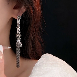 Elegant silver long tassel earrings with sparkling rhinestones worn on a model
