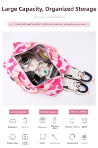 Pink camo gym bag detail showing spacious compartments for shoes and travel gear