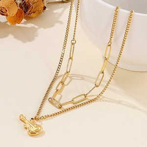 Double-layer gold stainless steel guitar pendant necklace with trendy paperclip chain