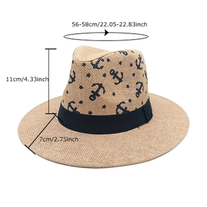 Summer straw fedora with anchor print and size guide including 56-58cm head circumference