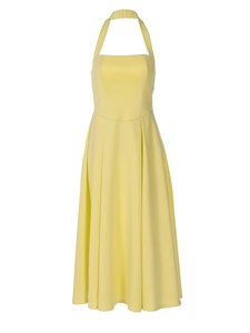 Abito lungo giallo elegante con scollo a cavezza e vita alta per donna estate 2025
