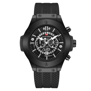 Fashionable black skeleton men's sports watch with silicone strap and calendar feature