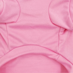 Close-up detail of pink knit pet shirt showing durable stitching and soft cotton fabric