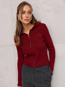 Slim fit burgundy ribbed knit hoodie with metal zipper closure and industrial backdrop