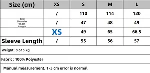 Detailed size chart for faux fur jacket showing measurements in centimeters for XS to L