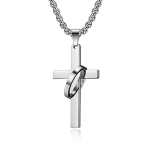 Polished stainless steel cross necklace with nested ring pendant for men in punk style
