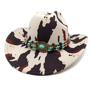 Western Cowboy Hat Polyester Felt Cow Print Leopard Print Wide Brim With Turquoise Beaded Hatband Retro Ethnic Style For Men Women