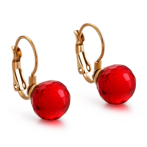 Fashionable 10mm red faceted crystal ball earrings with gold-plated titanium steel hooks
