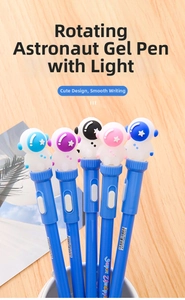 Detail of LED light-up astronaut topper on rotating pens for stress relief
