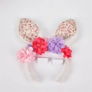 Cute plush rabbit ear headband with floral decorations for Christmas party costumes