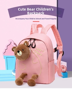 Detailed view of pink school bag featuring cute 3D plush bear and very happy embroidery