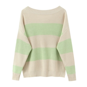 Off-shoulder striped knit sweater with bow details in cream and light green stripes