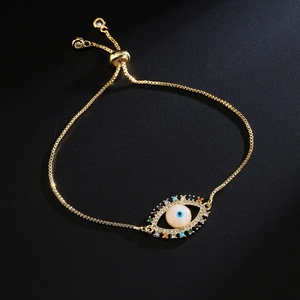 Adjustable gold plated evil eye bracelet with colorful cubic zirconia stones and box chain