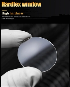 Macro shot of Hardlex mineral glass watch window showing scratch-resistant crystal quality