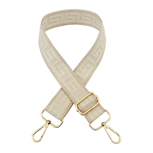 Adjustable beige wide bag strap with Greek meander pattern and gold metal hardware
