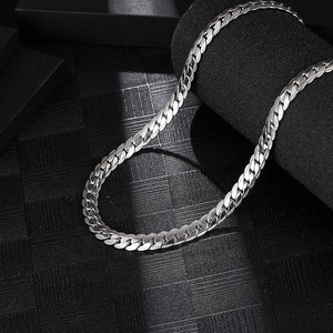 Polished silver titanium steel Cuban link chain necklace with embossed metal texture