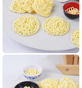 Macro detail of miniature round and square instant noodle models for DIY dollhouse crafts