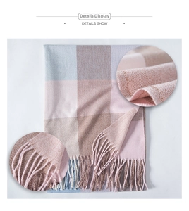Macro detail of soft plaid cashmere scarf fabric with fine fringe edge finish