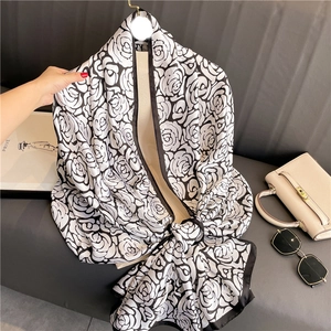 Women Long Satin Scarf Large Rose Print Shawl Wrap Soft Satin Feeling Beach Towel Elegant Black White Fashion Accessory