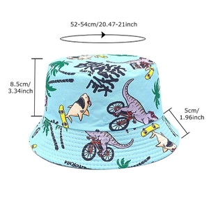 Kids dinosaur print sun hat in light blue with detailed measurements and size chart