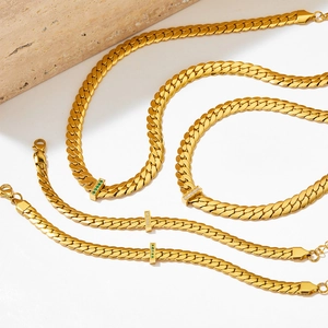 Hip hop style gold stainless steel snake bone necklace and bracelet set with crystal charms