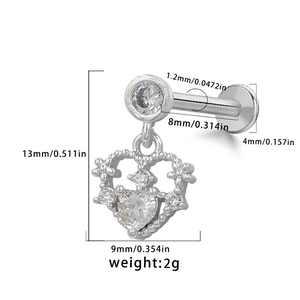 Detailed size chart for heart-shaped labret stud with crystal inlay dimensions